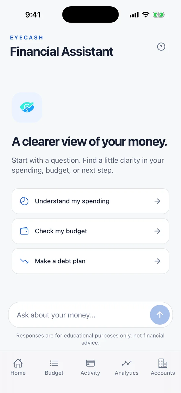EyeCash finance coach giving spending insight