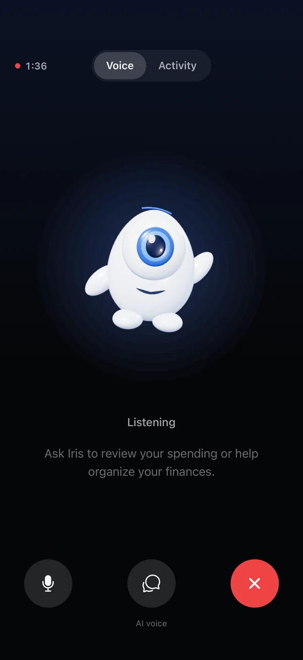 Iris, the EyeCash personal finance assistant, explaining spending and proposing a next step