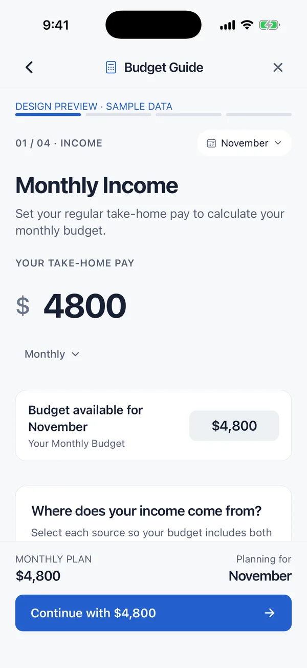 EyeCash Budget Guide building a monthly plan with categories and income